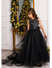 Black Lace Appliques Tulle Flower Girl Dress With Train